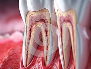 Teeth in gums with tooth anatomy detailed view. Generative AI