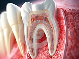 Teeth in gums with tooth anatomy detailed view. Generative AI