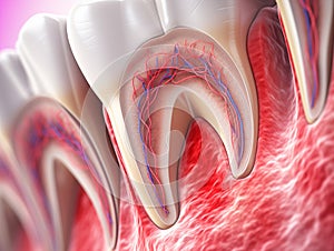 Teeth in gums with tooth anatomy detailed view. Generative AI