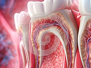 Teeth in gums with tooth anatomy detailed view. Generative AI