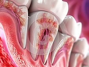 Teeth in gums with tooth anatomy detailed view. Generative AI