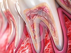 Teeth in gums with tooth anatomy detailed view. Generative AI