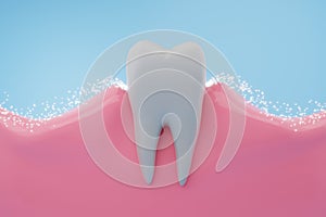 Teeth and gums with toothpaste particle
