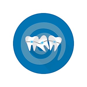 Teeth with ligature braces icon with long shadow. Orthodontics concept. Sign for dentistry clinic