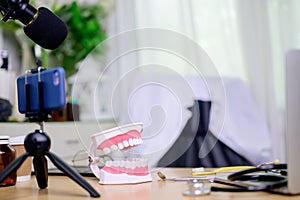 Teeth model and equipment for dentist working online at home.