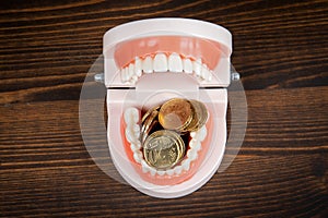 Teeth model and money on a wood texture background. Health and wellness