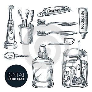 Teeth and mouth home care supplies set. Hand drawn sketch vector illustration. Dental hygiene and prevention of caries