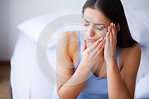 Teeth Pain. Beautiful Woman Suffering From Painful Toothache