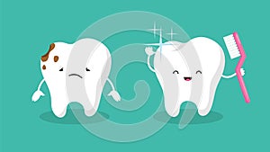 Teeth. Plaque terth, shiny white tooth. Mouth hygiene and toothache. Dental happy and sad vector characters