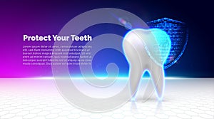 Teeth protection. Futuristic modern dental banner with place for text. White tooth protected by glowing digital shield