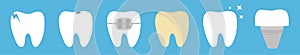 Teeth set line. Cracked, broken, healthy white yellow ill tooth dental implant prosthesis, braces. Shining star. Cute cartoon