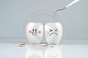 Teeth smile and crying emotion with dental plaque tool ,