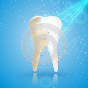 Teeth whitening 3d concept. Comparison of clean and dirty tooth