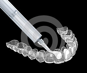 Teeth whitening kit, adding gel in to invisalign. 3D illustration concept
