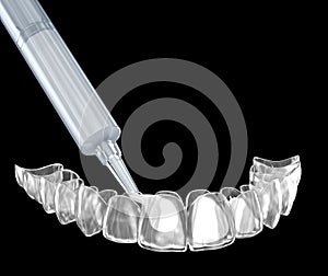 Teeth whitening kit, adding gel in to invisalign. 3D illustration concept