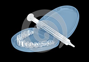 Teeth whitening kit, invisalign and gel. 3D illustration concept