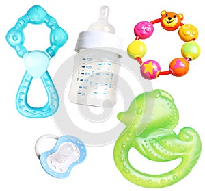 Teethers, soother and bottle for babies