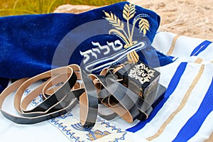 Tefillin and Tallit. Jewish and Judaism symbols in Israel photo