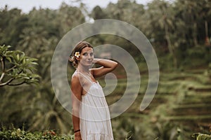 Tegallalang Rice Terrace girl. Beautiful girl visiting the Bali rice fields in tegalalang, ubud