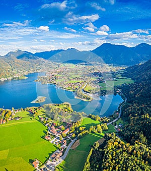 Tegernsee lake in the Bavarian Alps. Aerial Panorama. Autumn. Germany