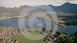 Tegernsee lake in the Bavarian Alps. Aerial Panorama. Autumn. Germany 4K