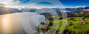 Tegernsee lake in the Bavarian Alps. Aerial Panorama Mountain View. Autumn, Fall. Germany, Bavaria close to Austria. Travel