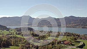 Tegernsee lake beautiful aerial view in autumn. Bavarian Alps in the background