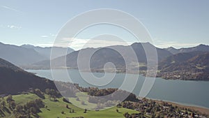 Tegernsee lake beautiful aerial view in autumn. Bavarian Alps in the background