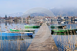 Tegernsee lake view panorama from a wooden Pier. Bayern, Germany