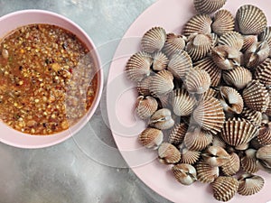 Tegillarca granosa or also known as a cockle , Blood clam. Close Up Shot. After Cooked. With Thai Spicy Seafood Sauce. Popular