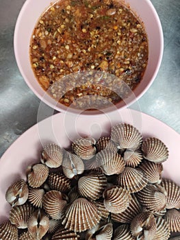 Tegillarca granosa or also known as a cockle , Blood clam. Close Up Shot. After Cooked. With Thai Spicy Seafood Sauce. Popular