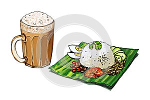 Teh Tarik and nasi lemak illustration isolated on white photo