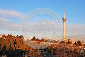 Tehran cityscape and Milad Tower , Damavand in horizon