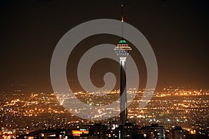 Tehran skyline and Milad Tower at night