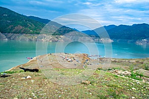 Tehri lake surrounded by mountains in Uttarakhand, india, Tehri Lake is an artificial dam reservoir. Tehri Dam, the tallest dam in