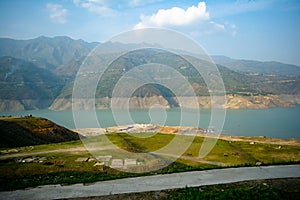 Tehri lake surrounded by mountains in Uttarakhand, india, Tehri Lake is an artificial dam reservoir. Tehri Dam, the tallest dam in