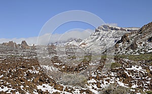 Teide National Park or Las Canadas del Teide in winter, views towards Llano de Ucanca and lava Aa covered in snow
