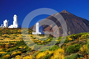 Teide Observatory - scientific astronomical telescope with Teide mountain in background, Tenerife island, Spain