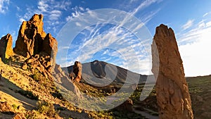 Teide - Scenic golden hour sunrise morning view on unique rock formation Roque Cinchado, Roques de Garcia, Tenerife.