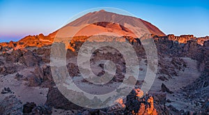 Rocks on the Teide volcano in the light of the rising sun