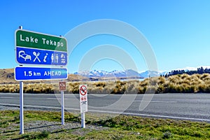 Tekapo / New Zealand, April 7 2019 ; Information sign before arrival Lake Tekapo, New Zealand