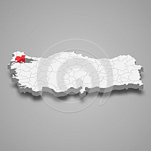 Tekirdag region location within Turkey 3d map