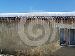 Tekirdag Sarkoy Malkara has wonderful icicles formed by snowfall, ice on the roof, salty village house old times.