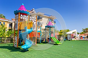 Tekirova, Turkey - September 4, 2019: Beautiful playground area of the Phaselis Rose hotel in Tekirova, Turkey. Tekirova is a