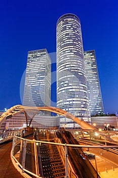 Tel Aviv Azrieli Center skyline Israel blue hour night bridge city skyscrapers portrait format modern architecture