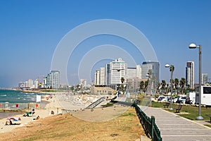 Tel Aviv beach coast with a view of Mediterranean sea from Jaffa, Israel