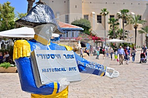 TEL AVIV, ISRAEL - APRIL, 2017: Napoleon statue. Welcoming touristic sign in Old Jaffa. In 1799 the French, led by Napoleon