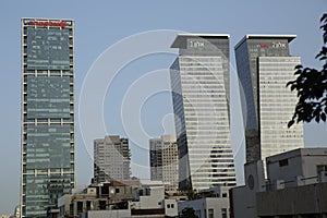 Tel-Aviv Israel-02.10.2020:downtown buildings. twin towers of glass and concrete. modern office building with glass windows.