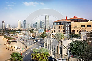 Tel Aviv, Israel - Oct 26th 2018 - The city of Tel Aviv seen from a high hill in an afternoon with modern buildings in the