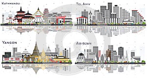 Tel Aviv Israel, Yangon Myanmar, Kathmandu Nepal and Abidjan Ivory Coast Skylines with Gray Buildings and Reflections Isolated on